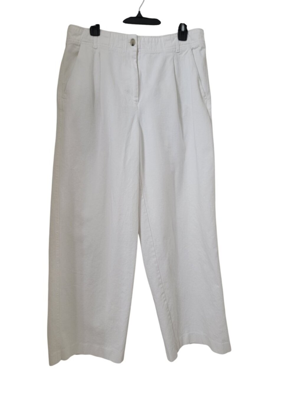 H&M Size 12 White Cotton Twill Pleated Front Wide Leg Dress Pants